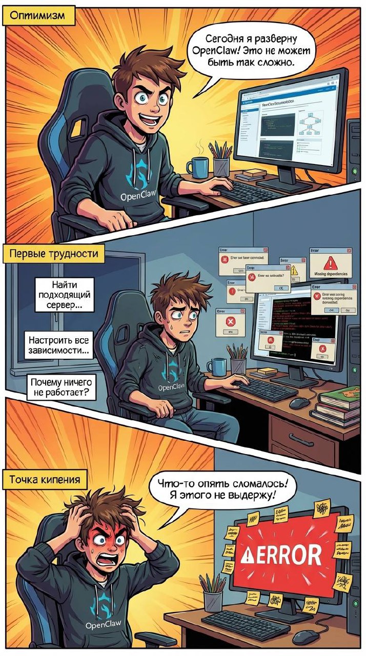 Комикс про самостоятельную установку OpenClaw: оптимизм, первые трудности и точка кипения